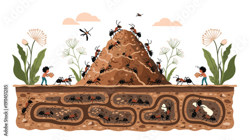 Detailed diagram showing a busy colony of ants working together on their hill both above the surface and in underground tunnels and rooms.