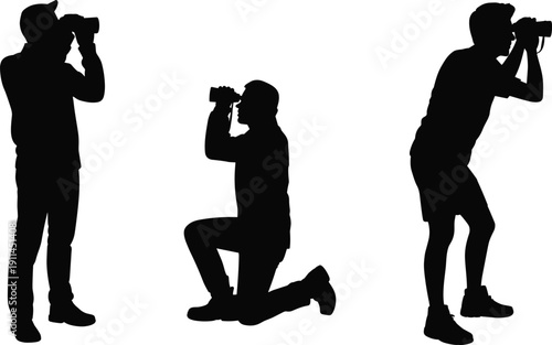 Black silhouette vector illustration of photographers in action poses, camera users capturing images, creative photography stances, professional icons, and artistic symbols