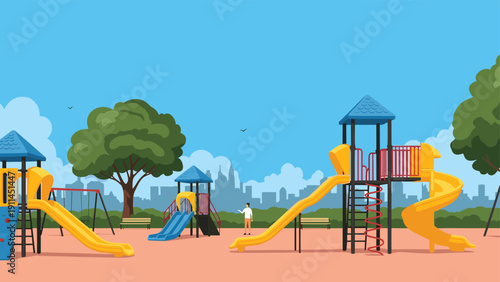 Wide view of a large and colorful children's playground with various slides and climbing structures under a clear blue sky in the city.