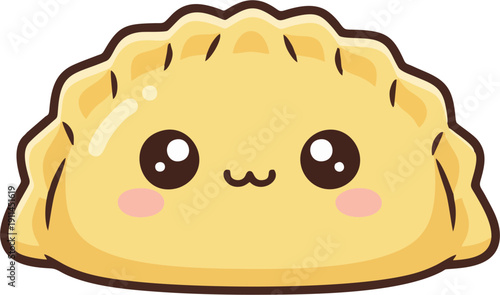 Cute Kawaii Dumpling Character with Smiling Face and Blush Cheeks, Cartoon Vector Sticker Icon Isolated