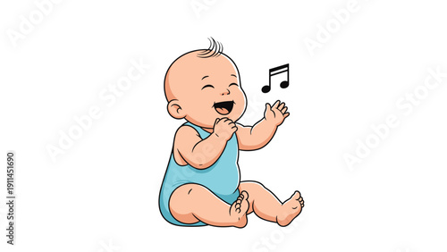 Happy and laughing baby sitting on the floor in a blue outfit with a musical note nearby to represent joy and the love for sweet music.