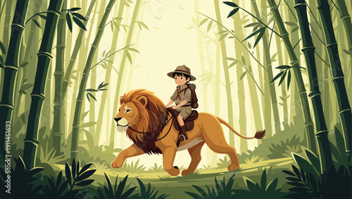 Brave young boy dressed as an explorer riding on the back of a large lion through a dense and misty bamboo forest in a fantasy setting.