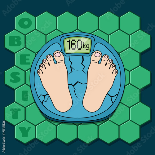 The harsh reality of the global Obesity epidemic. Illustration of a scale cracked due to Obesity. World Obesity Day, March 4th.