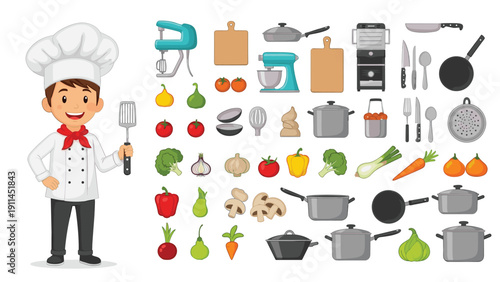 Cheerful young male chef holding a spatula surrounded by various kitchen appliances, tools, and fresh cooking ingredients.