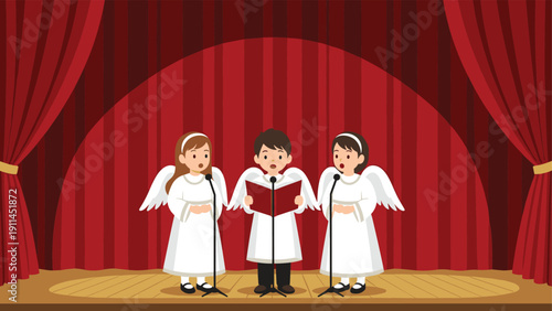Three young children dressed as angels with white wings and robes singing from a book on a stage with red curtains.
