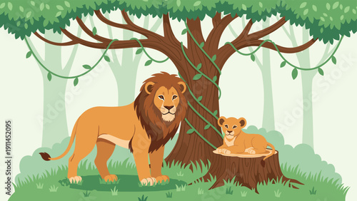 Majestic male lion standing proudly in a lush green forest while a small lion cub rests on a wooden tree stump nearby.