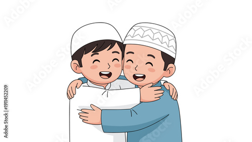 Two young Muslim boys wearing traditional white caps hugging each other joyfully with bright smiles on their faces.