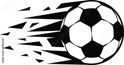Black and white soccer ball with motion lines flying fast