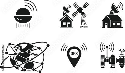 Black and white icons of gps navigation and communication technology