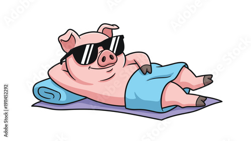 Funny cartoon pig wearing dark sunglasses and relaxing on a purple beach towel with a blue rolled pillow behind.