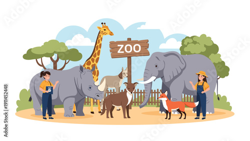 Busy zoo scene with female zookeepers tending to an elephant, rhino, giraffe, wolf, fox, and deer in an enclosure.