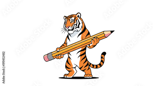 Athletic tiger standing on its hind legs while holding a giant yellow pencil as if it were a large sports tool.