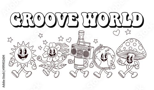 Black And White Dancing Anthropomorphic With Music And Nature Themes Cartoon Doodle