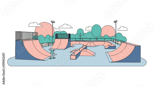 Modern outdoor skate park with various ramps and bowls under a clear sky with a lone skateboarder practicing their tricks in the distance.