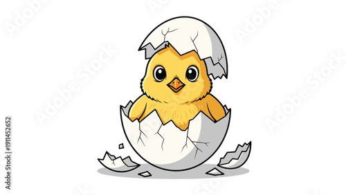 Adorable yellow baby chick peeking out from a cracked white eggshell against a clean white background for easter or new life themed designs.