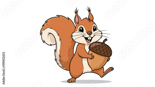 Happy cartoon squirrel character holding a large brown acorn and walking against a white background in a cute illustration for children books.