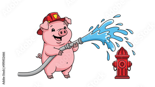 Joyful cartoon pig wearing a red firefighter helmet and spraying water from a hose at a red fire hydrant on a solid white background image.