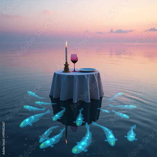 Ethereal scene of a dinner for one at sunset on a mirror-flat ocean with glowing neon blue fish in quantum formations below the surface, poetic solitude and cinematic lighting, surreal digital art.