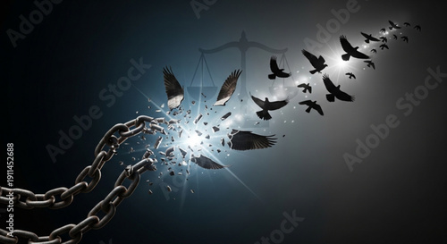 Birds breaking free from chain symbolizing liberation and freedom in a dramatic dark background
