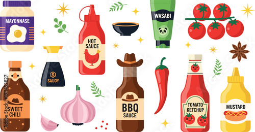 Condiment and sauce bottle collection with ketchup mustard mayo bbq and hot sauce vector illustration, cad drawing flat vector illustration