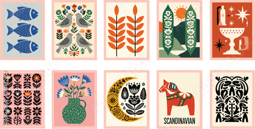Scandinavian folk art poster collection with birds, flowers, fish, and Dala horse flat vector illustration, cad drawing flat vector illustration