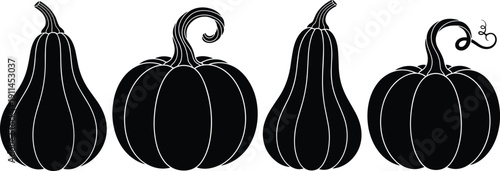 Black pumpkin and squash silhouette collection with various gourd shapes, isolated on white background for autumn, Thanksgiving, and Halloween design