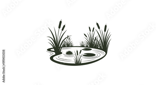Stylized illustration of a pond with cattails and lily pads, depicting a serene natural environment.