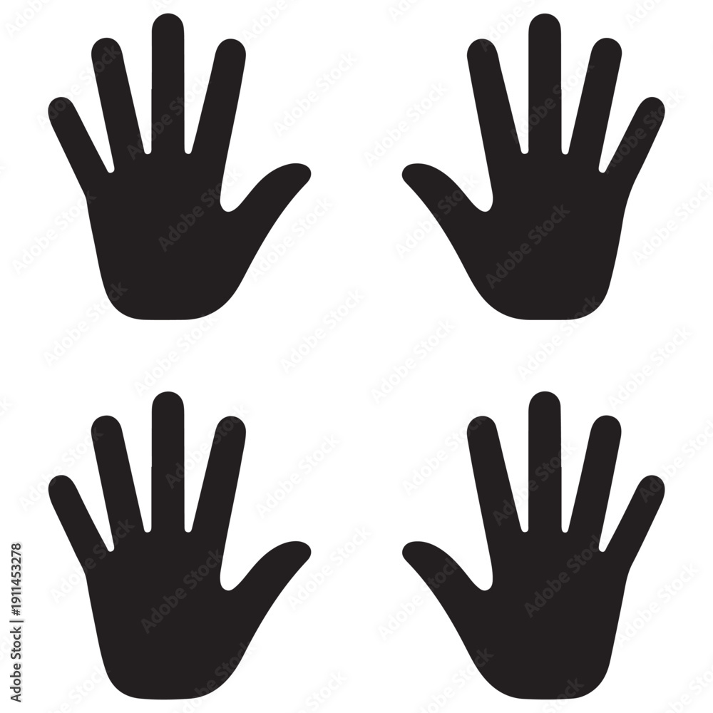 Fototapeta premium Four Black Hand Silhouettes on White Background Keywords: hand, hands, silhouette, open, palm