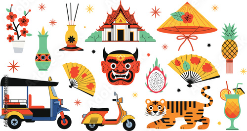 Southeast Asian Thai culture icons with tuk tuk temple tiger and dragon fruit flat vector illustration, cad drawing flat vector illustration