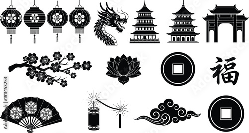 Chinese New Year Elements Set, Black Silhouettes of Lanterns, Dragon, Pagoda, Cherry Blossom, Coins and Fan, Traditional Lunar New Year Vector Icons