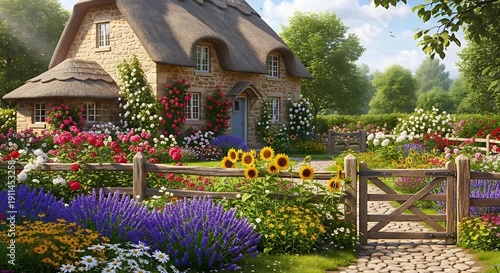 Charming Cottage Garden with Blooming Flowers