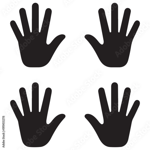 Four Black Hand Silhouettes on White Background Keywords: hand, hands, silhouette, open, palm