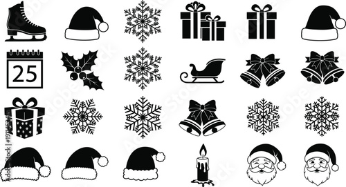 Christmas Icon Set, Holiday Vector Silhouette Elements, Winter Celebration Symbols, Snowflakes, Santa Hats, Gifts, Bells, Sleigh, Candle, Ice Skate, Flat Design