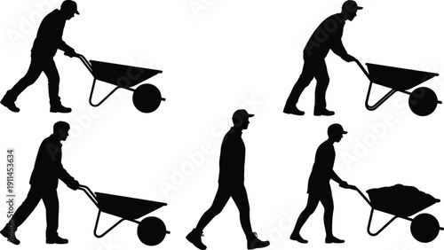 Construction workers silhouettes pushing wheelbarrows in various poses, manual labor vector illustration depicting empty and loaded wheelbarrow activities for industry