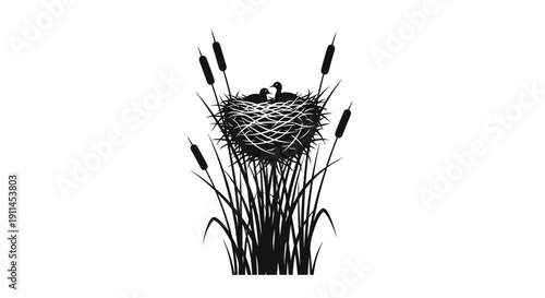 Black and white illustration of a bird's nest with chicks nestled among cattails and tall grass, symbolizing new life and nature.