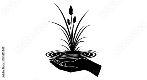 Human hand holding a plant growing from water, symbolizing nature protection and environmental care.