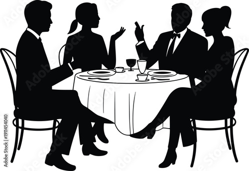 Black silhouette illustration of four elegant people having a formal dinner party at a round table with white cloth isolated on white background