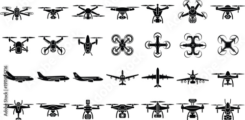 Black Silhouette Drone and Airplane Vector Illustration Set Featuring Various UAV Quadcopters Unmanned Aerial Vehicles Commercial Aircraft and Passenger Planes for Aviation Technology Design