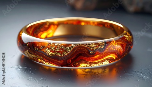 Gold-band ring with amber & flakes, reflective surface