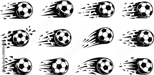 Collection of soccer balls in motion with dynamic streaks