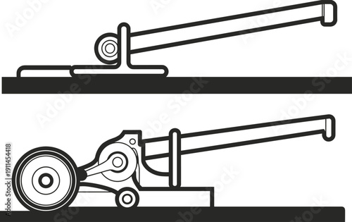 Hydraulic floor jack vector illustration showing lowered and raised positions, mechanical diagrams of handle, lifting arm, pivot points, wheel automotive maintenance