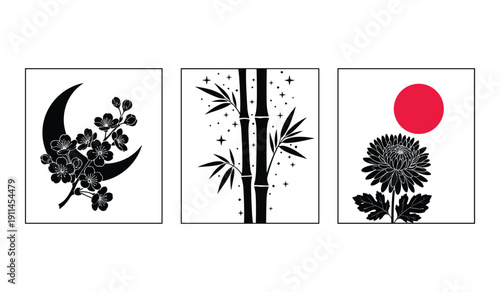 Black Silhouette Plants Crescent Moon Palm Tree And Stylized Red Sun Flower
