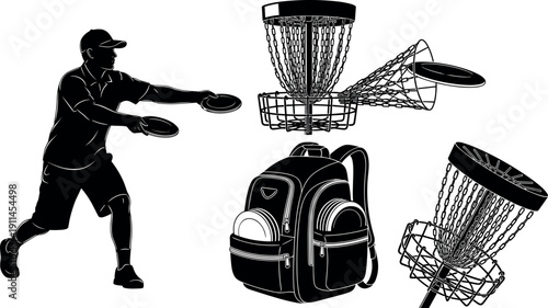Disc Golf Silhouette Set Featuring Player Throwing, Baskets, and Equipment Backpack Isolated on White Background Vector