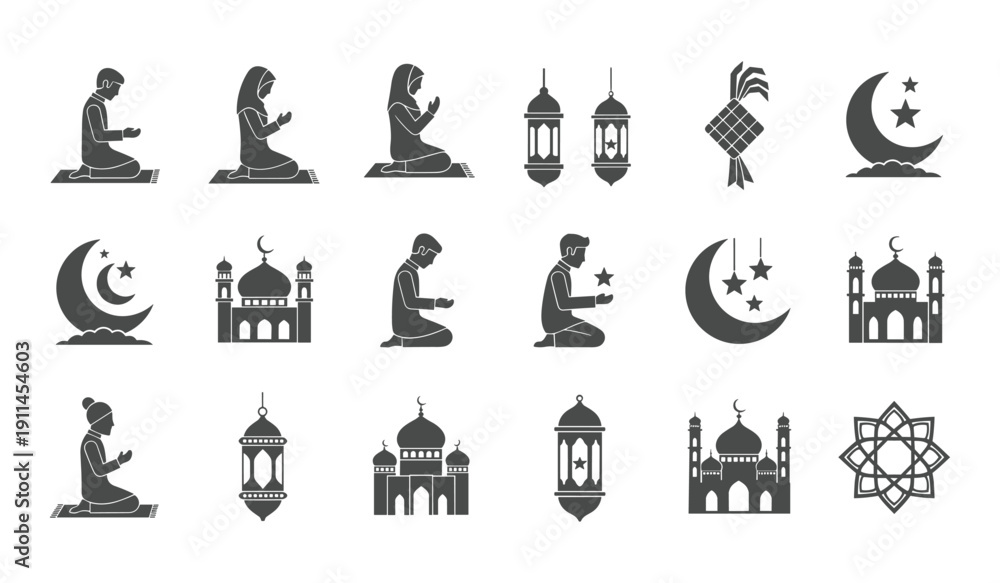 Fototapeta premium Black Silhouette Set Of Islamic Prayer Mosque Lanterns And Crescent Moon Symbols