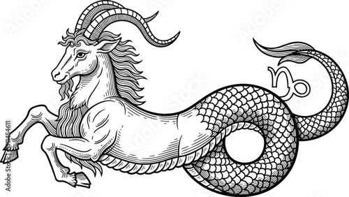 Black and white line art vector illustration of a Capricorn zodiac sign featuring a mythical sea goat with curled horns and fish tail