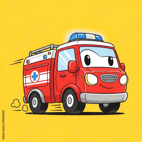 Wallpaper Mural Cute Cartoon Ambulance Vehicle on Yellow Background. Torontodigital.ca