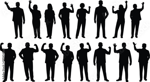 People waving and cheering silhouette set showing greeting, celebration and victory gestures, positive emotion and socia