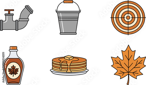 Collection of colorful Canadian culture icons featuring maple syrup bottle stack of pancakes with butter maple leaf metal bucket and target on white background
