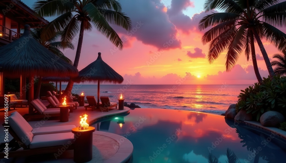 Fototapeta premium Panoramic sunset view, fiery tiki torches at luxury resort , view, banner
