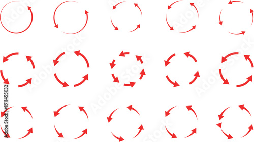 Flat vector illustration of circular arrow icons showing rotation, cycle process, refresh loop, continuous flow and recycling direction symbols for design